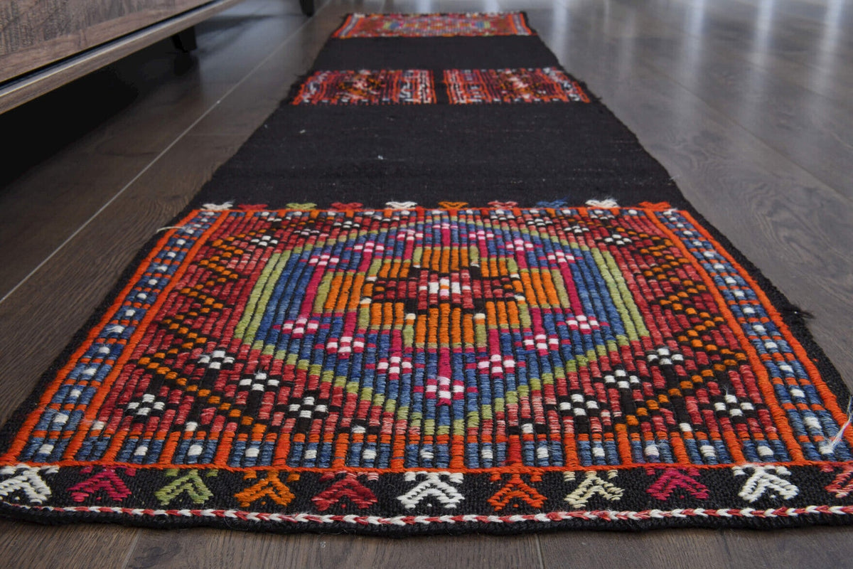 El yapımı vintage yolluk 51x216 cm oryantal desenli yün - yakın çekim doku detayı