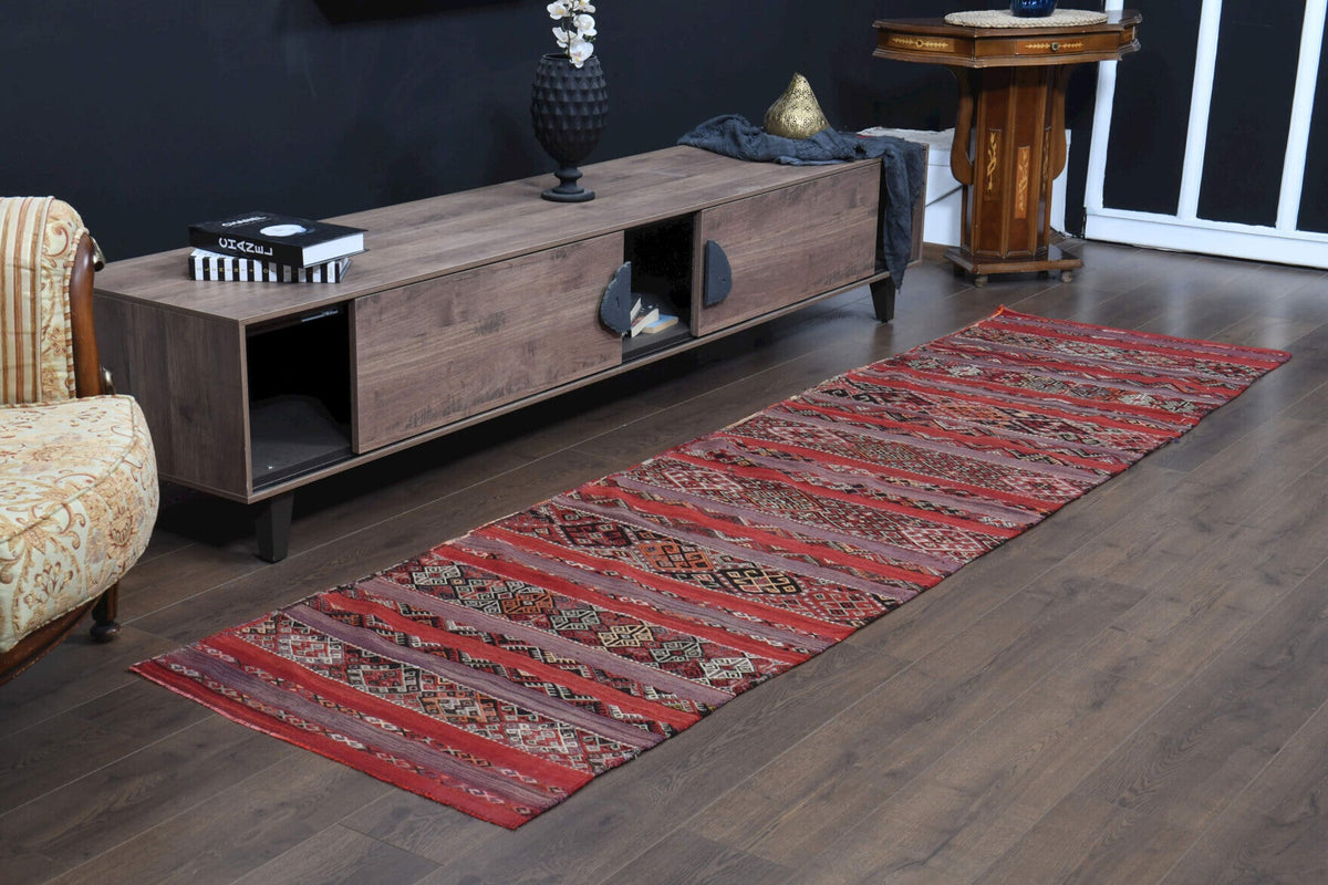 El yapımı vintage yolluk 86x307 cm oryantal desenli yün - üstten görünüm