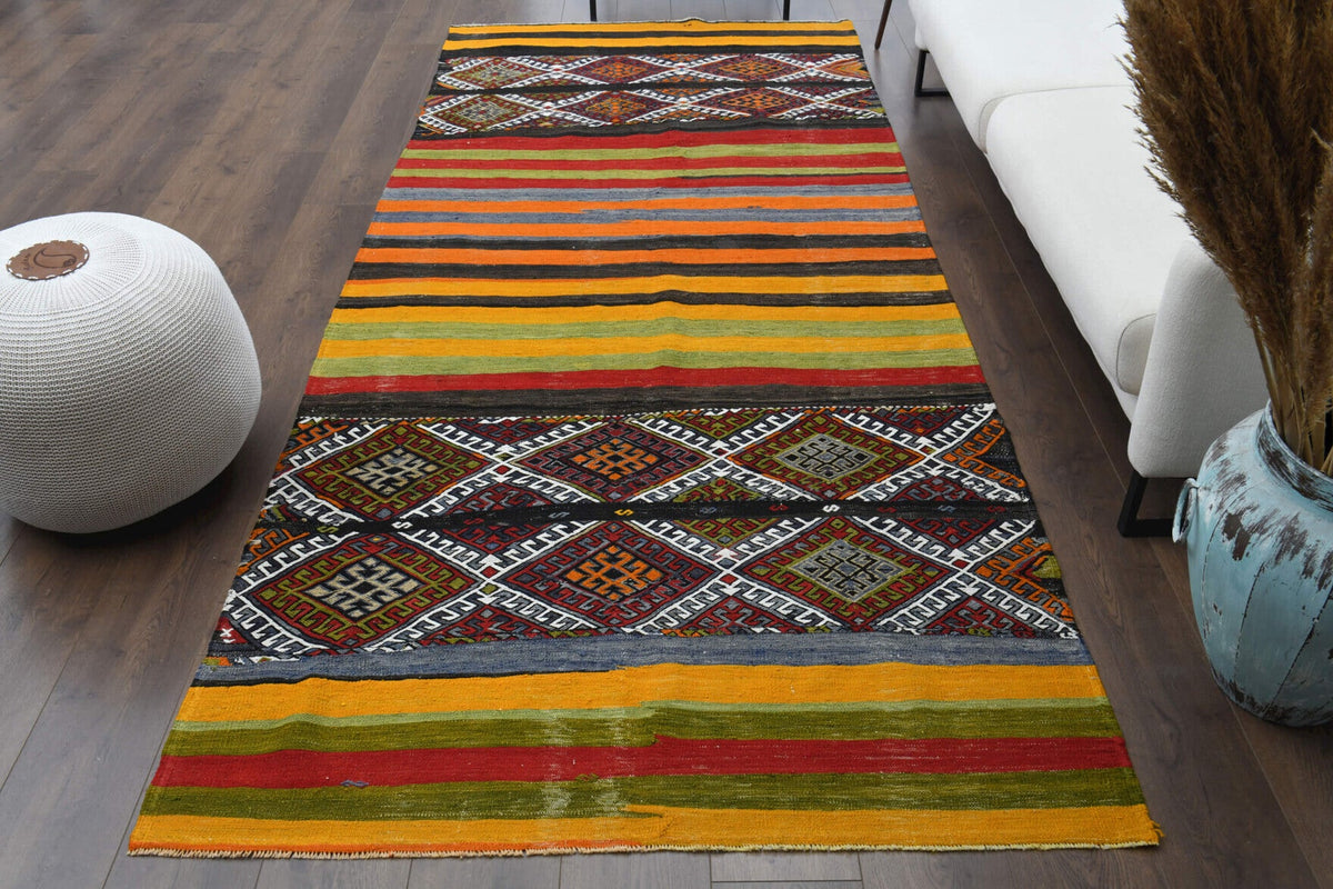 El yapımı vintage yolluk 122x305 cm oryantal desenli yün - yakın çekim doku detayı
