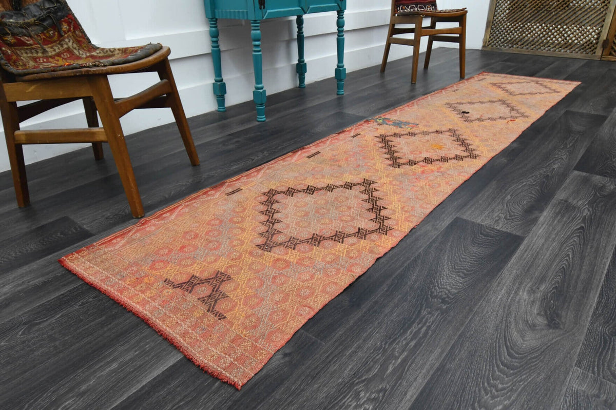 El yapımı vintage yolluk 71x315 cm oryantal desenli yün - yakın çekim doku detayı