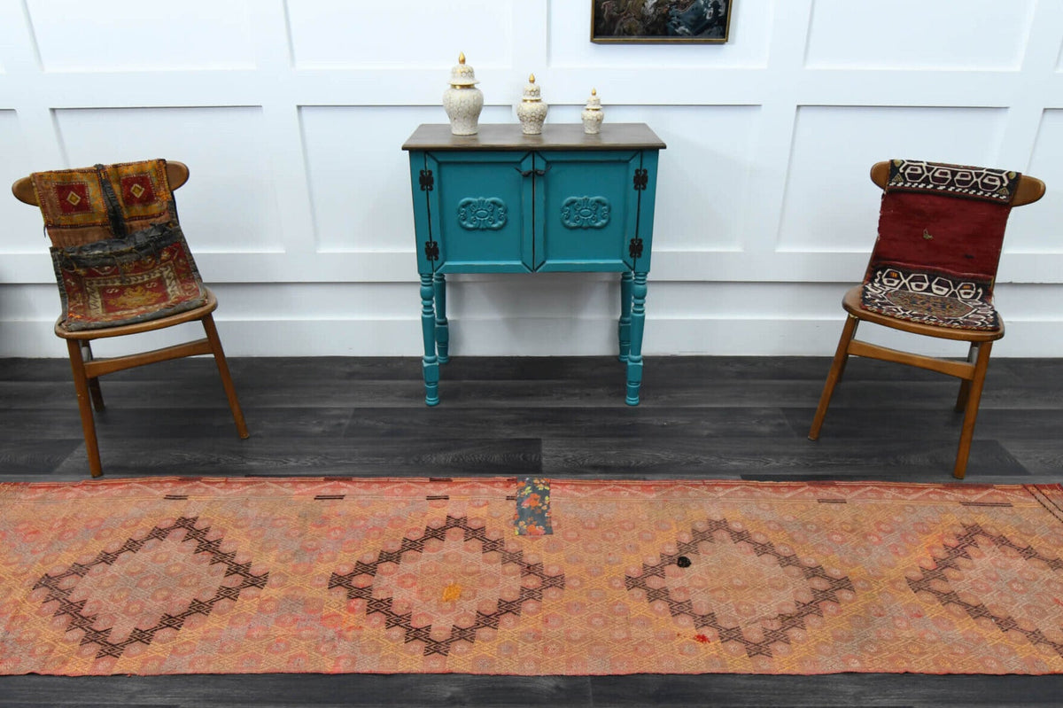 El yapımı vintage yolluk 71x315 cm oryantal desenli yün - kenar ve saçak detayı