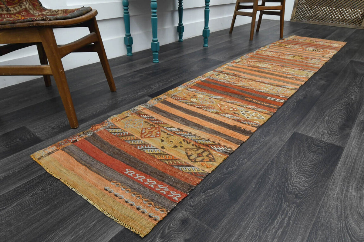 El yapımı vintage yolluk 61x307 cm oryantal desenli yün - yakın çekim doku detayı
