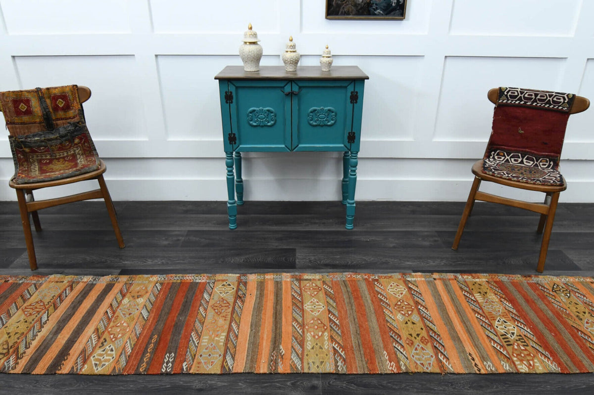El yapımı vintage yolluk 61x307 cm oryantal desenli yün - kenar ve saçak detayı