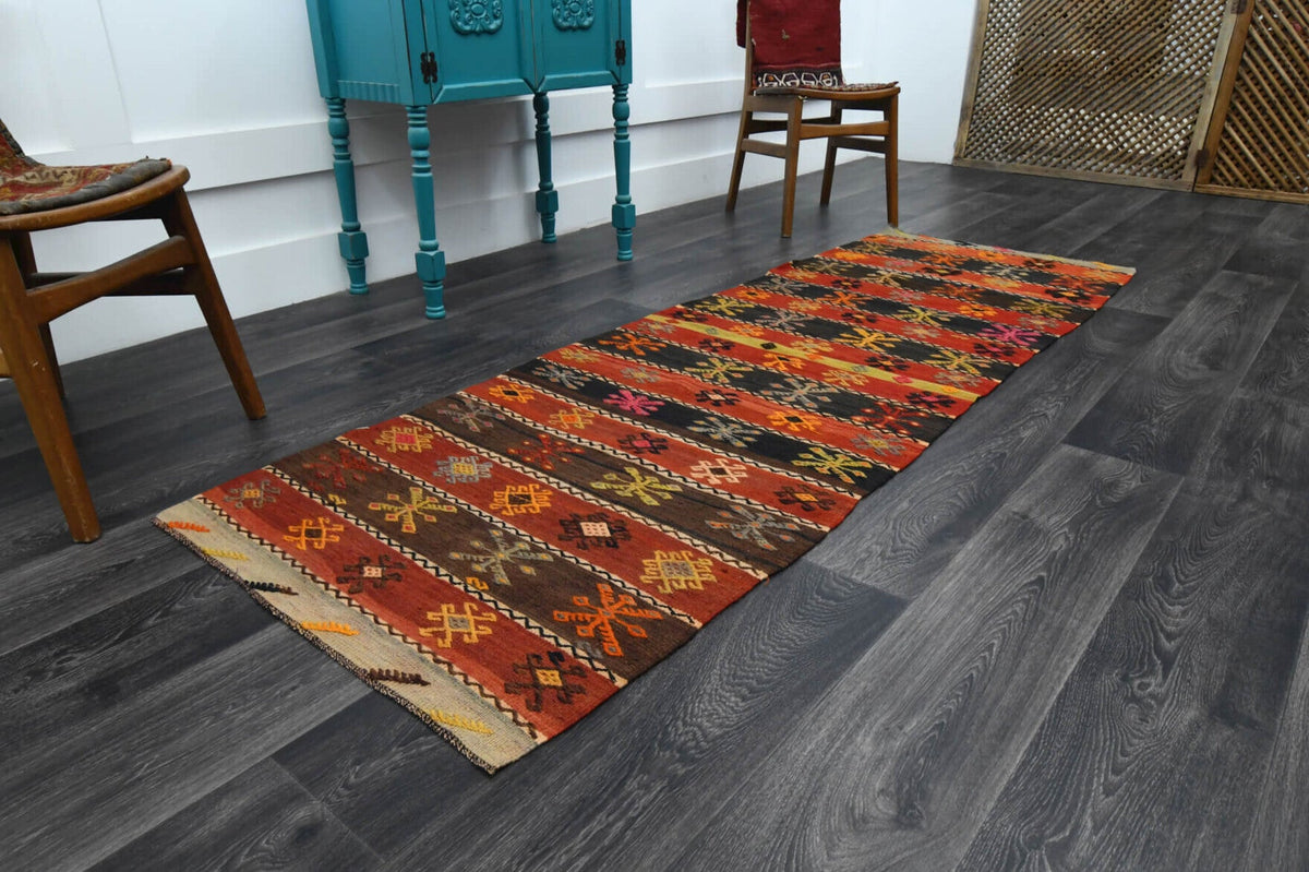 El yapımı vintage yolluk 86x244 cm oryantal desenli yün - yakın çekim doku detayı