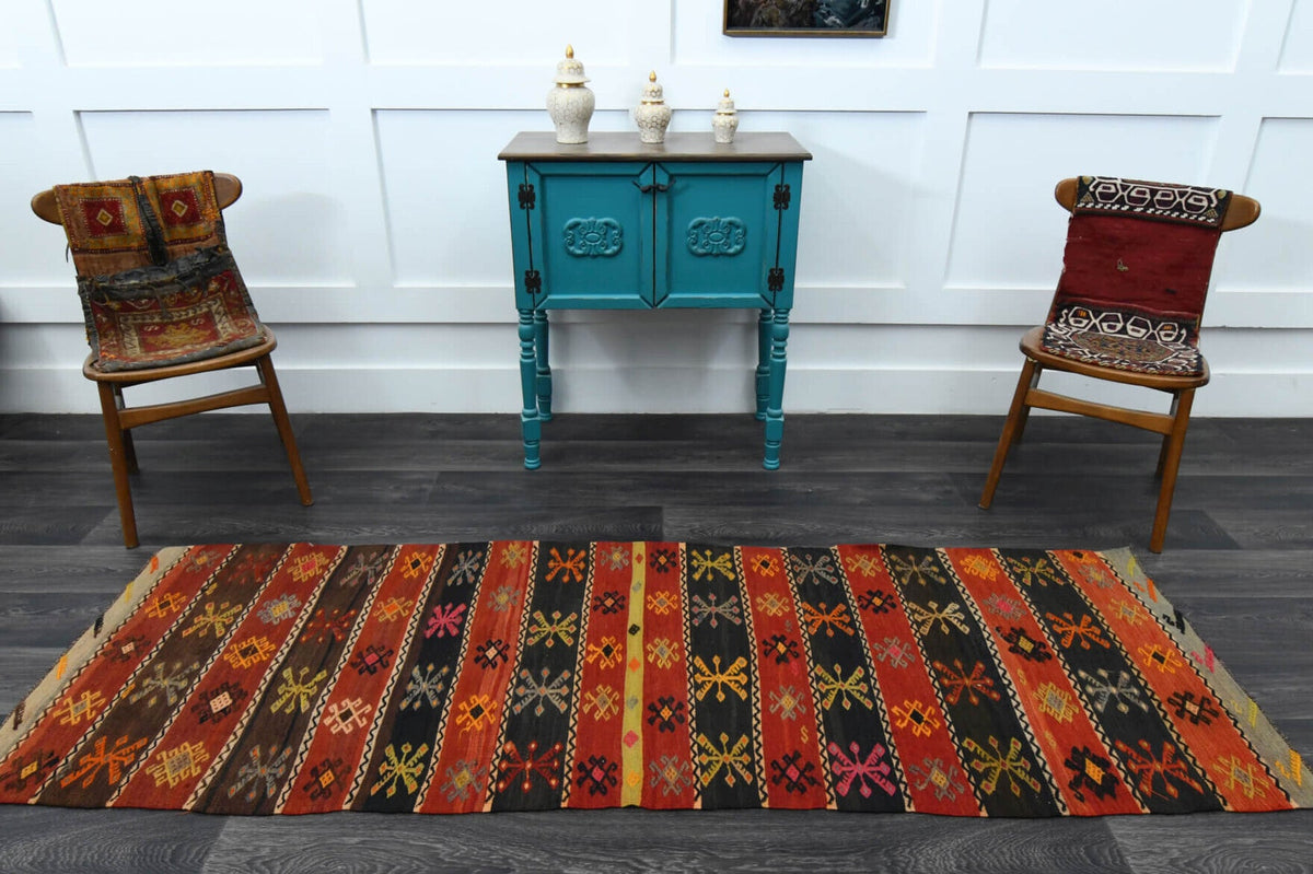El yapımı vintage yolluk 86x244 cm oryantal desenli yün - kenar ve saçak detayı