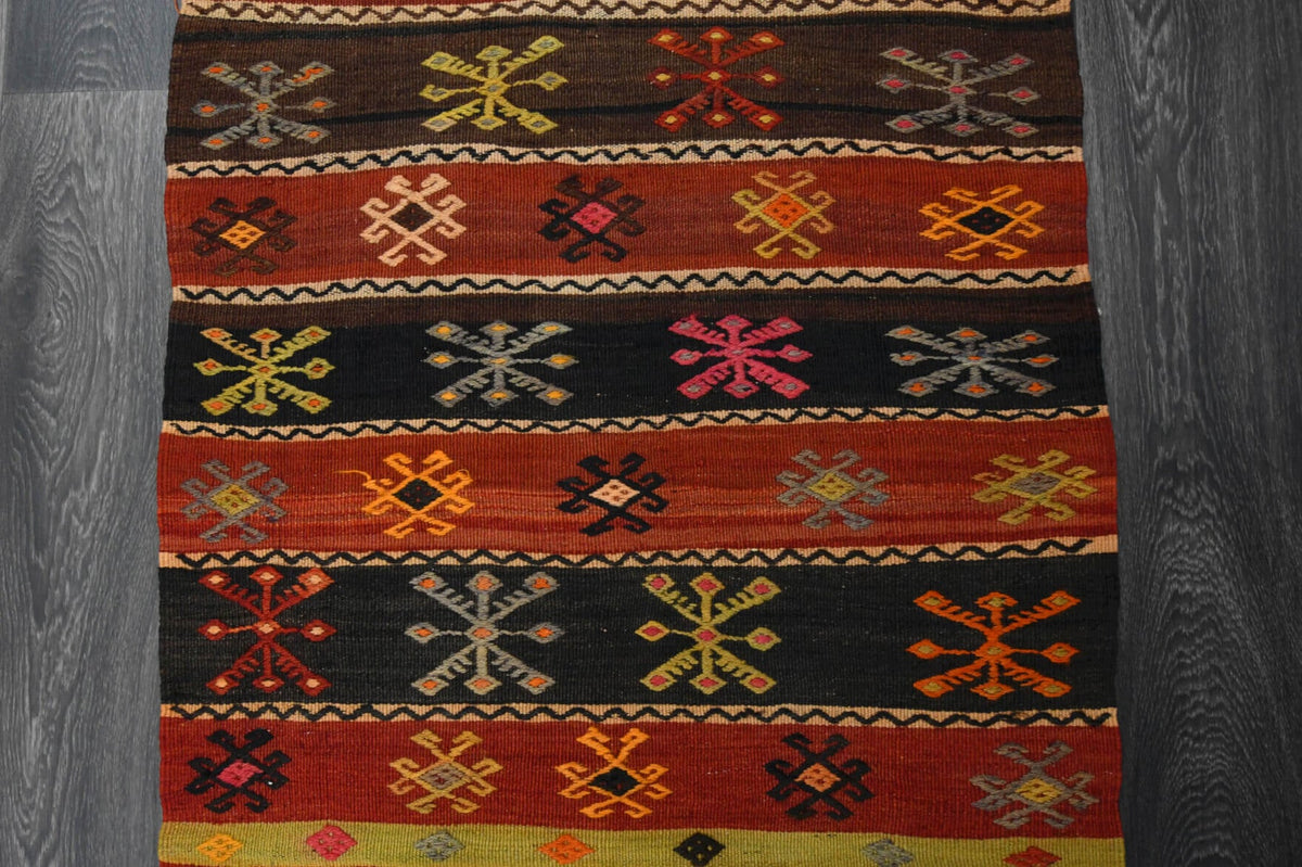 El yapımı vintage yolluk 86x244 cm oryantal desenli yün - üstten görünüm