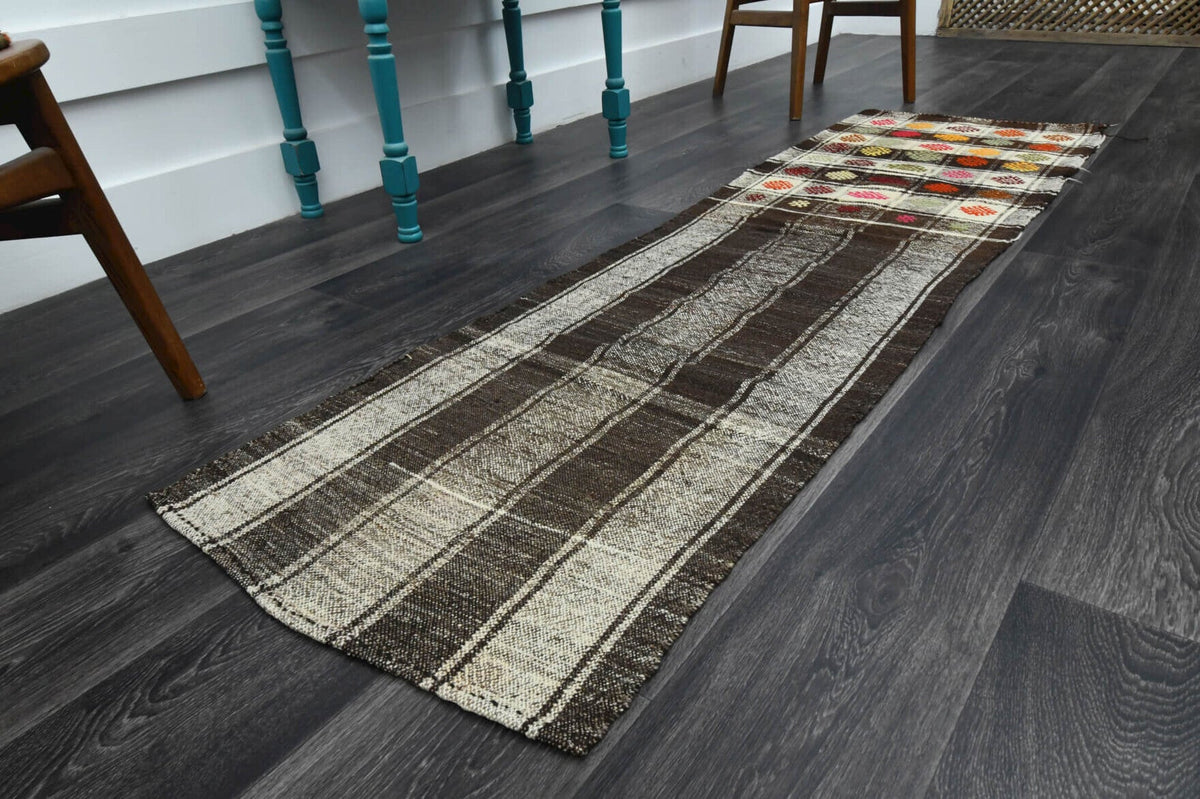 El yapımı vintage yolluk 64x224 cm oryantal desenli yün - yakın çekim doku detayı