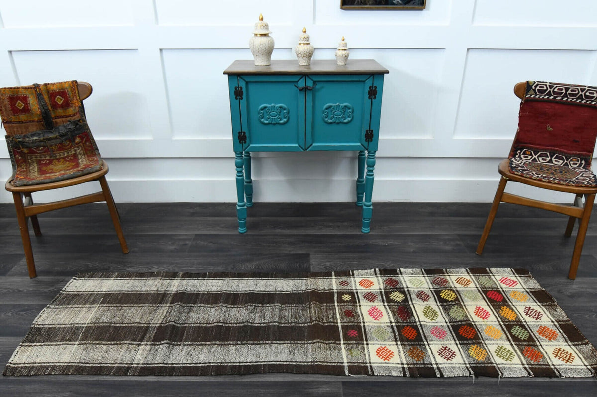El yapımı vintage yolluk 64x224 cm oryantal desenli yün - kenar ve saçak detayı