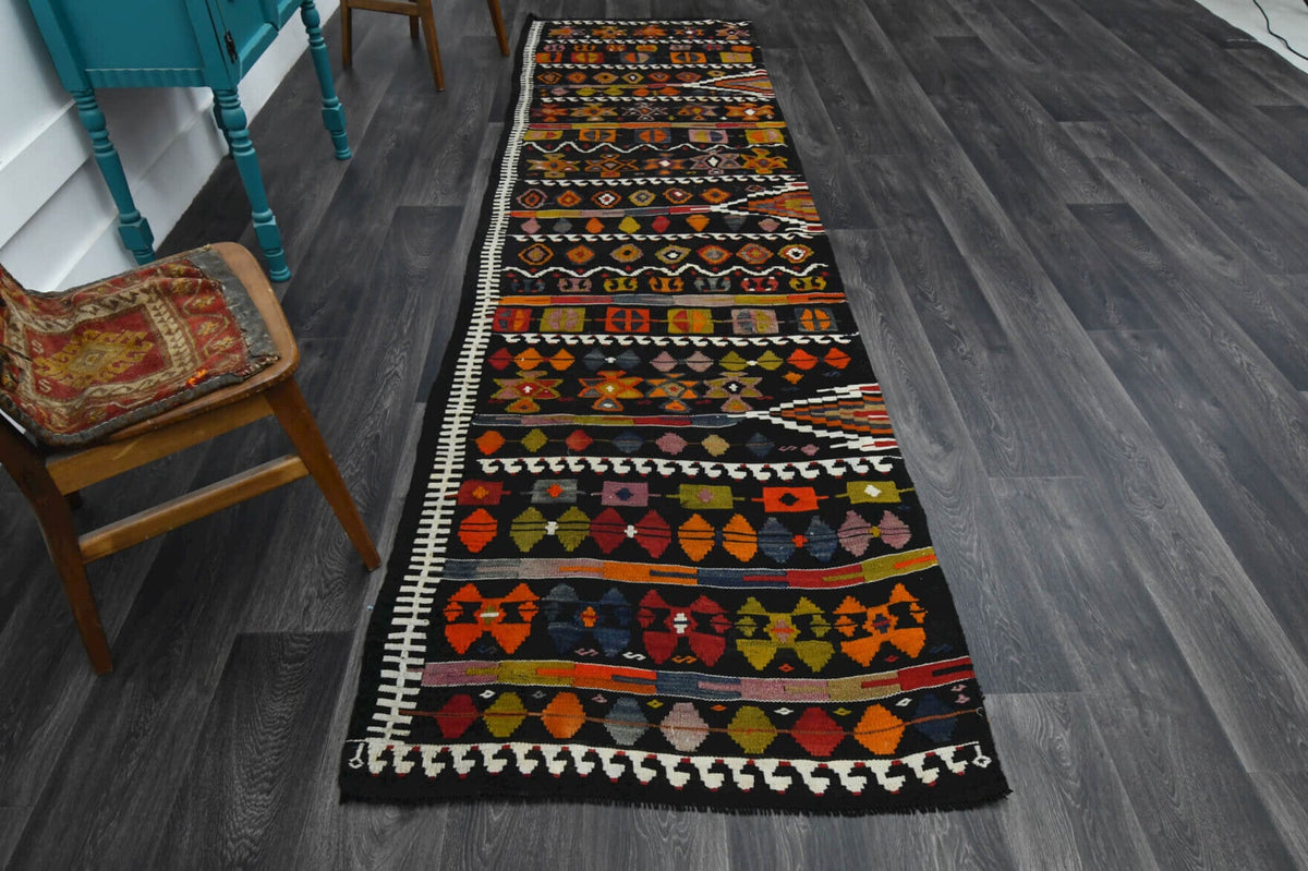 El yapımı vintage yolluk 102x351 cm oryantal desenli yün - detay görünümü