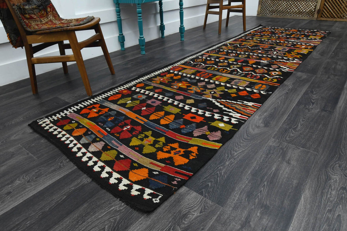 El yapımı vintage yolluk 102x351 cm oryantal desenli yün - yakın çekim doku detayı