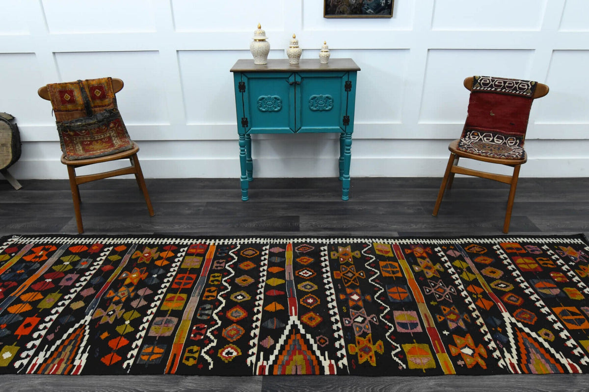 El yapımı vintage yolluk 102x351 cm oryantal desenli yün - kenar ve saçak detayı