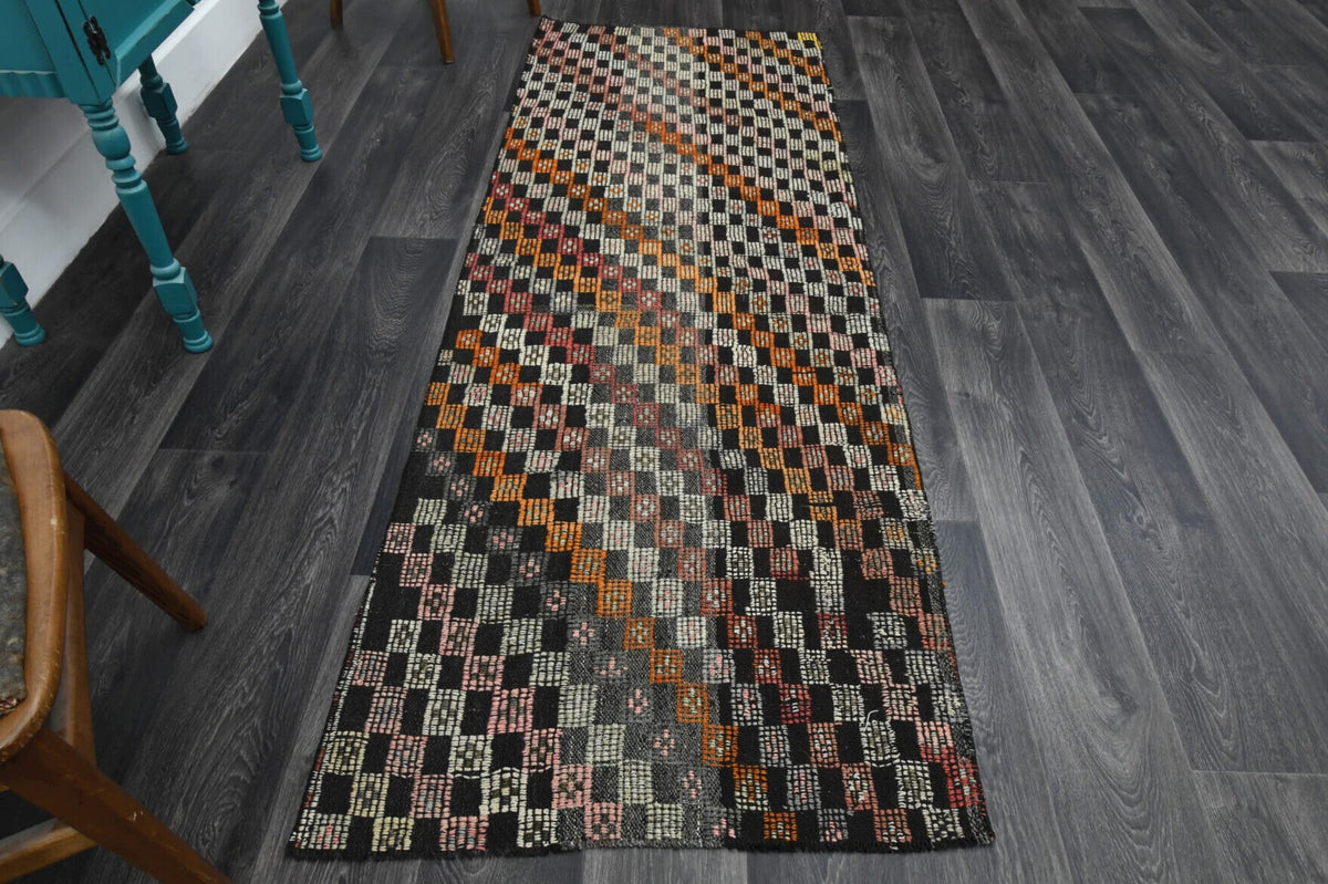 El yapımı vintage yolluk 89x246 cm i̇kat desenli yün - detay görünümü