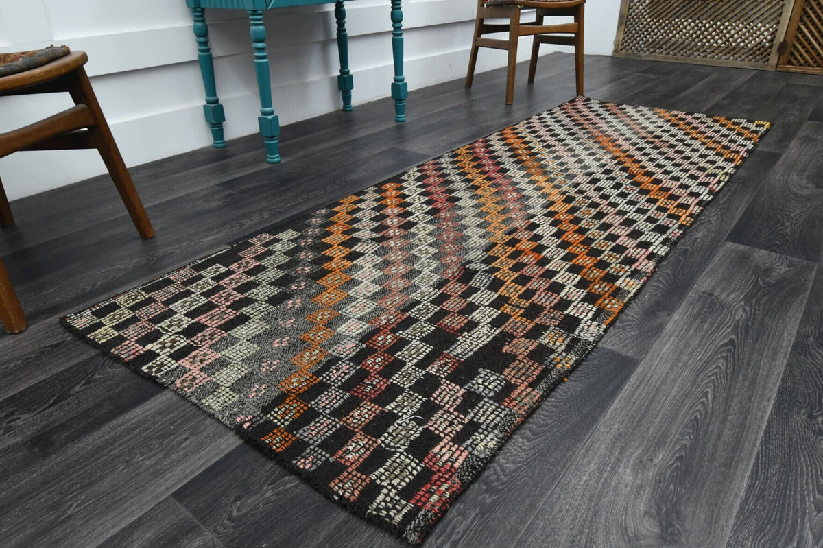 El yapımı vintage yolluk 89x246 cm i̇kat desenli yün - yakın çekim doku detayı