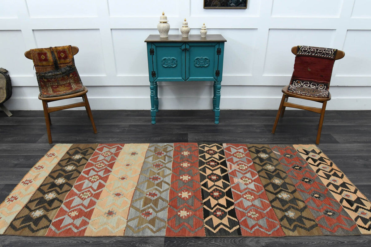 El yapımı vintage yolluk 107x257 cm i̇kat desenli yün - kenar ve saçak detayı