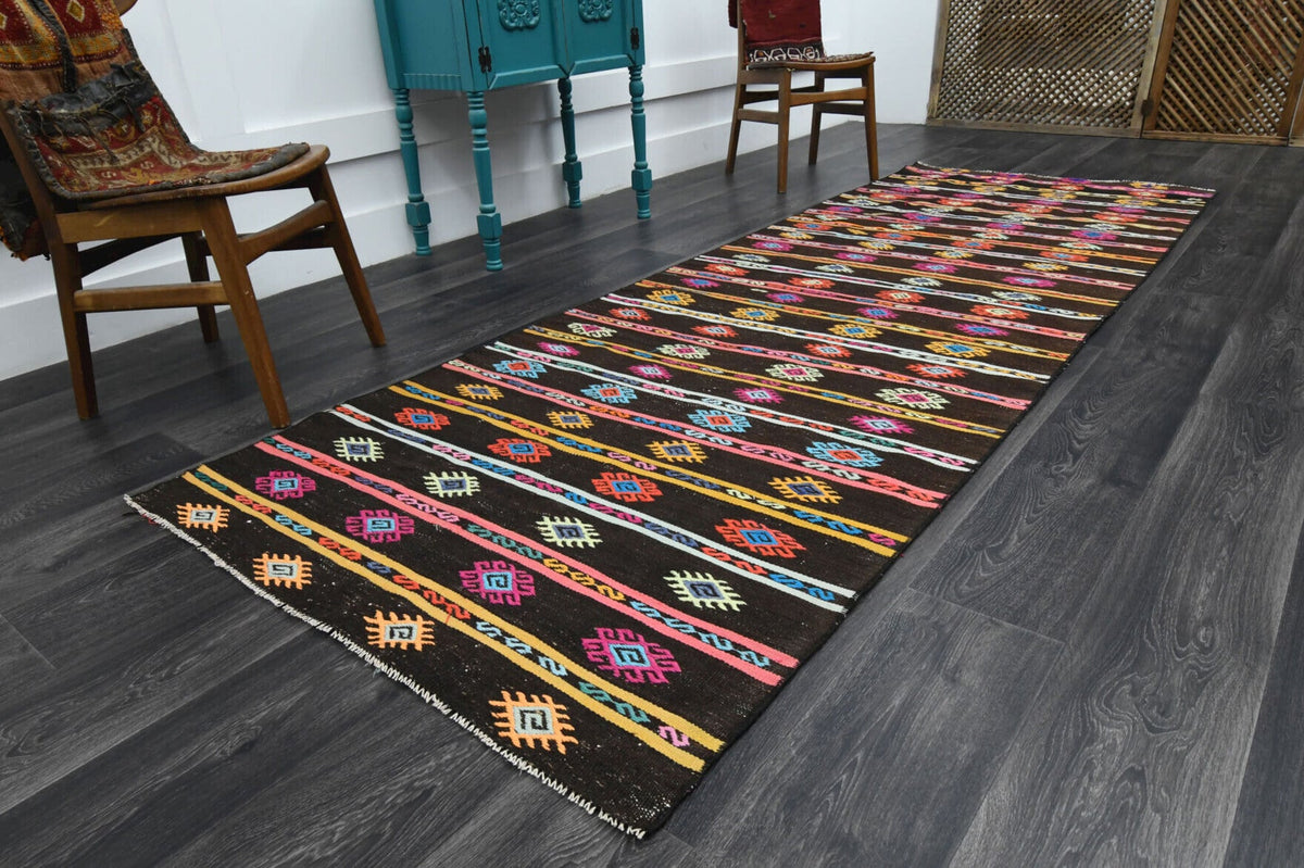 El yapımı vintage yolluk 112x325 cm i̇kat desenli yün - yakın çekim doku detayı