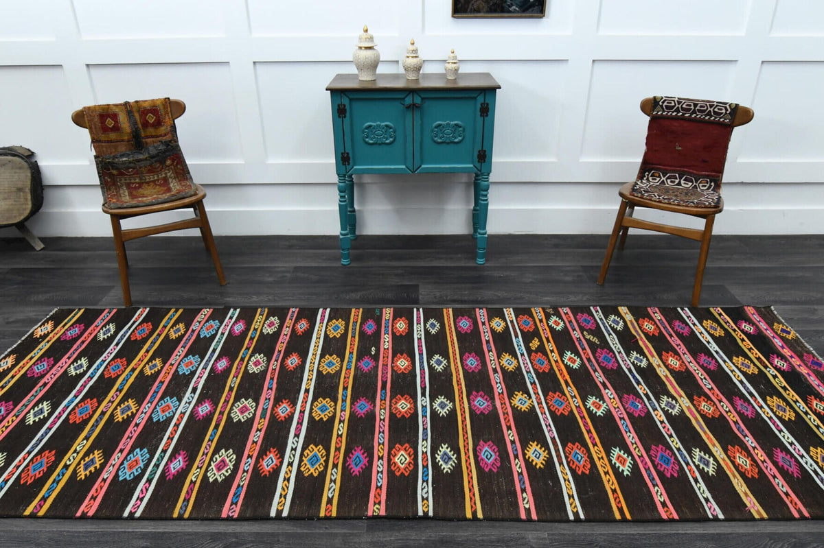 El yapımı vintage yolluk 112x325 cm i̇kat desenli yün - kenar ve saçak detayı