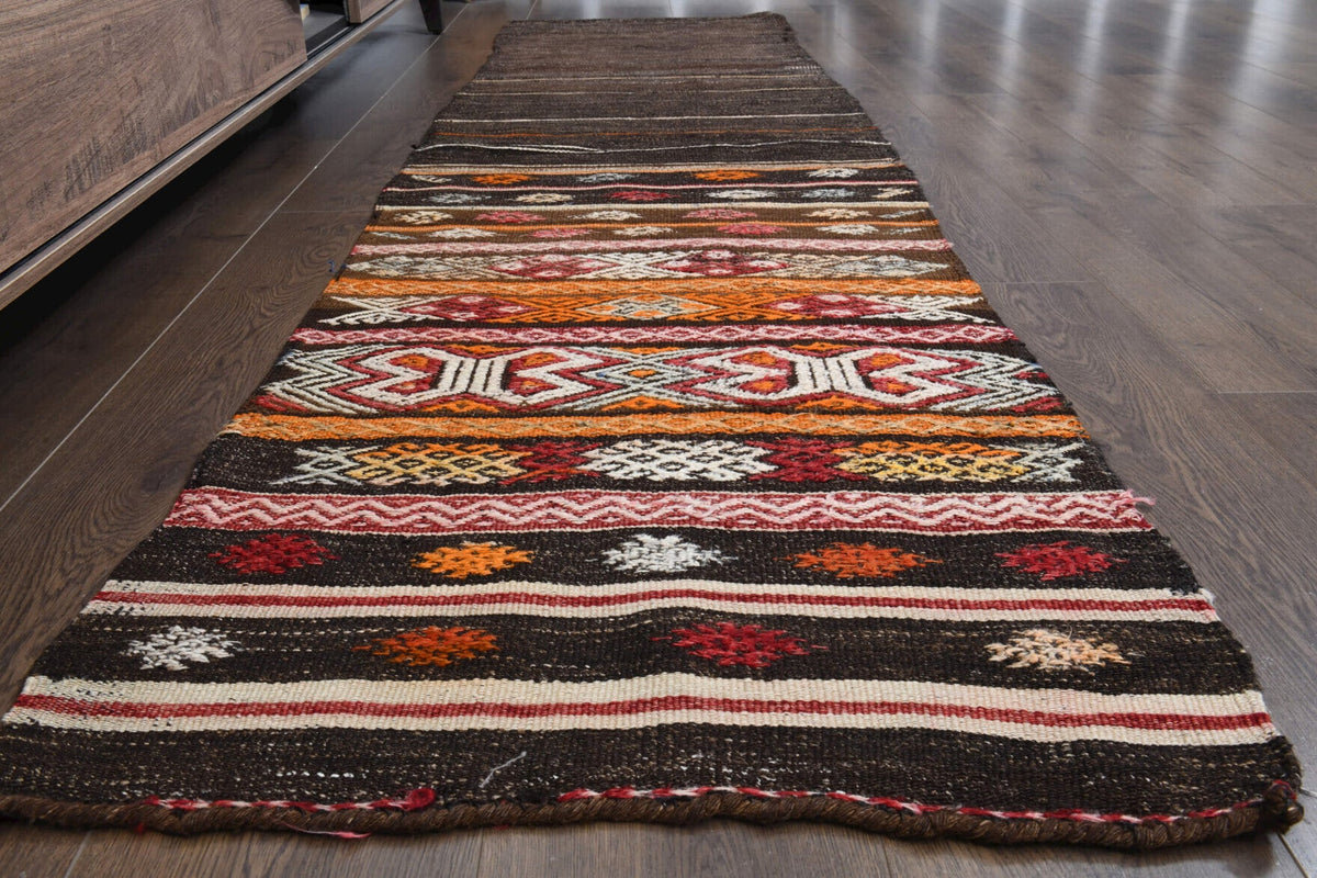 El yapımı vintage halı 74x259 cm çizgili desenli yün - yakın çekim doku detayı