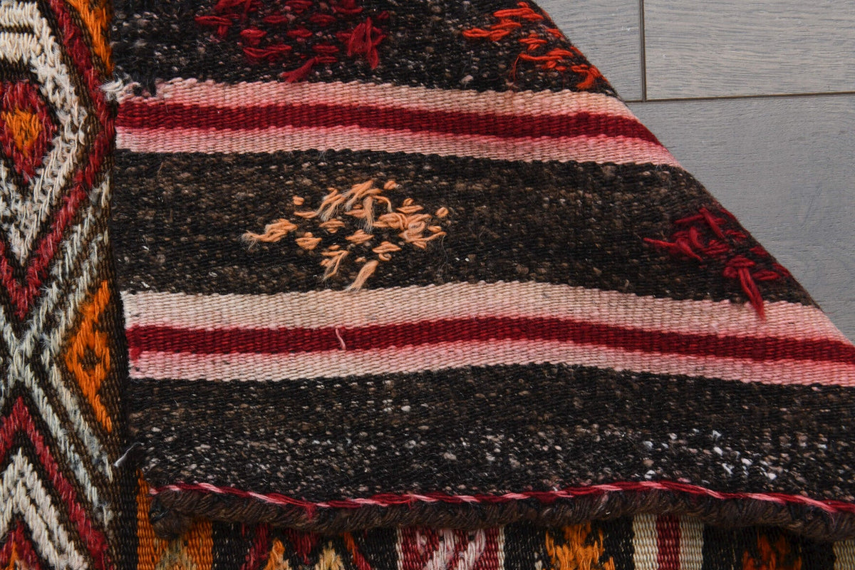 El yapımı vintage halı 74x259 cm çizgili desenli yün - kenar ve saçak detayı