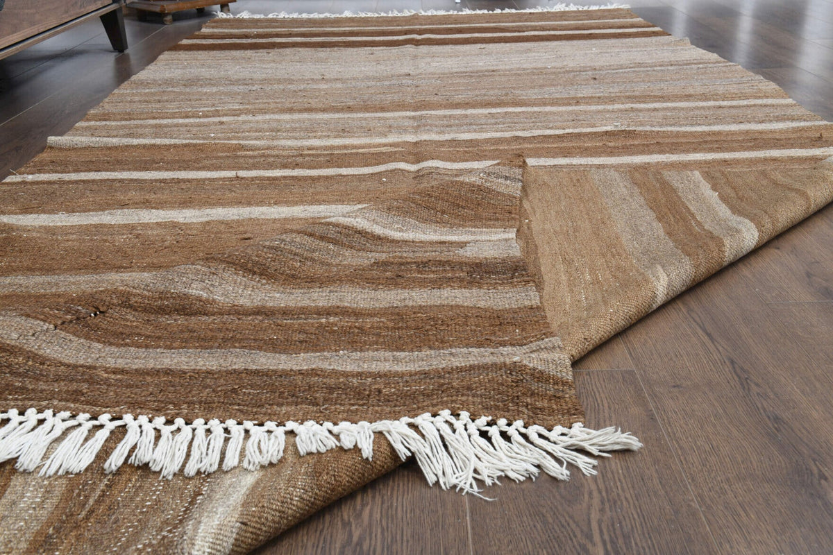 El yapımı vintage yolluk 157x340 cm çizgili desenli yün - kenar ve saçak detayı