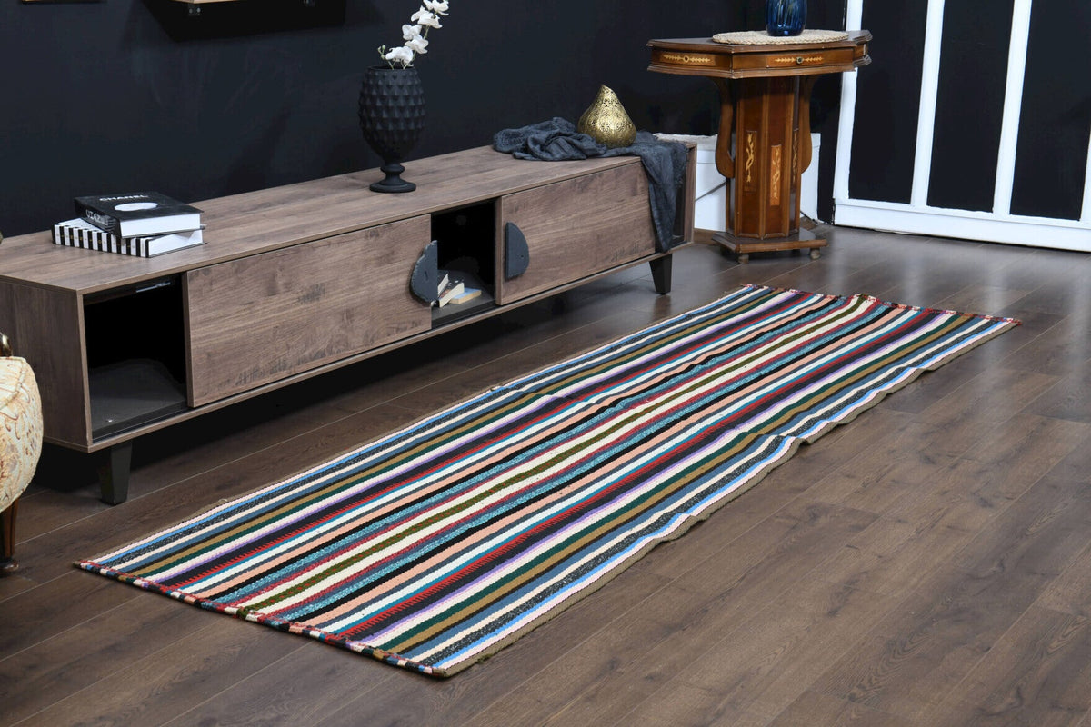 El yapımı vintage yolluk 91x277 cm çizgili desenli yün - yakın çekim doku detayı