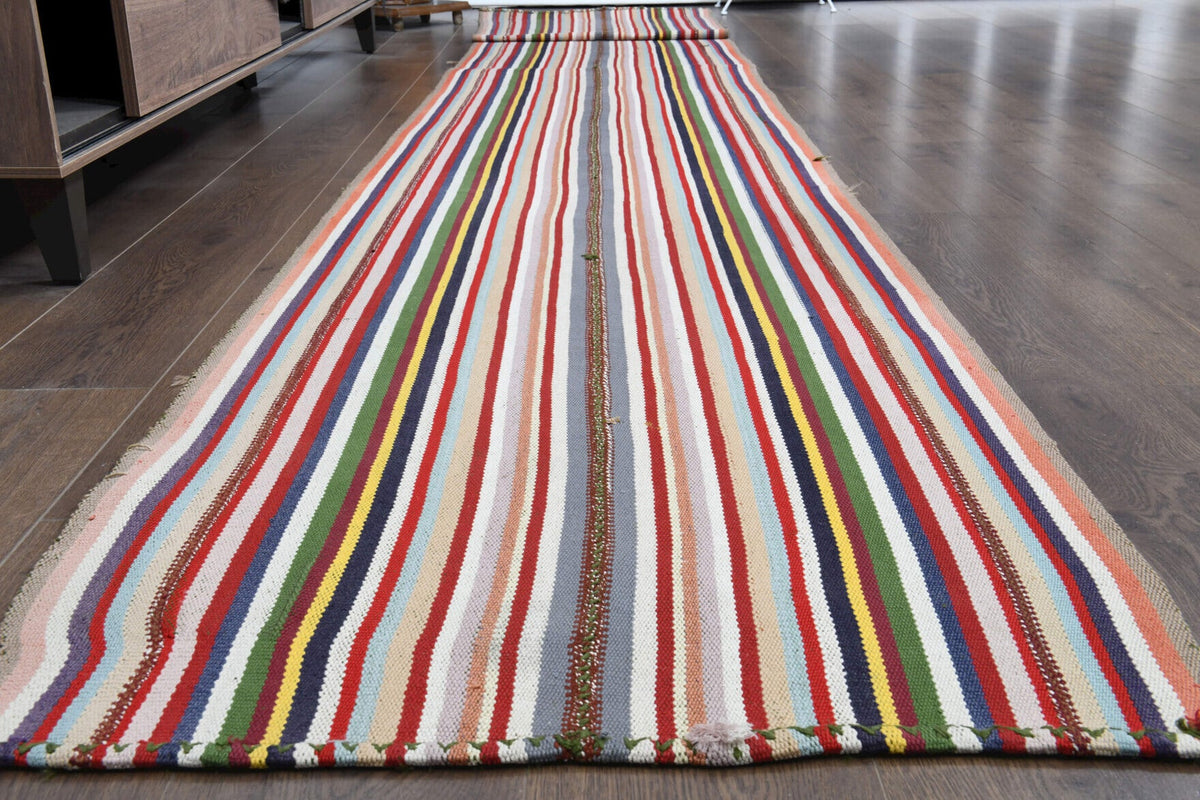 El yapımı vintage yolluk 79x551 cm çizgili desenli yün - yakın çekim doku detayı