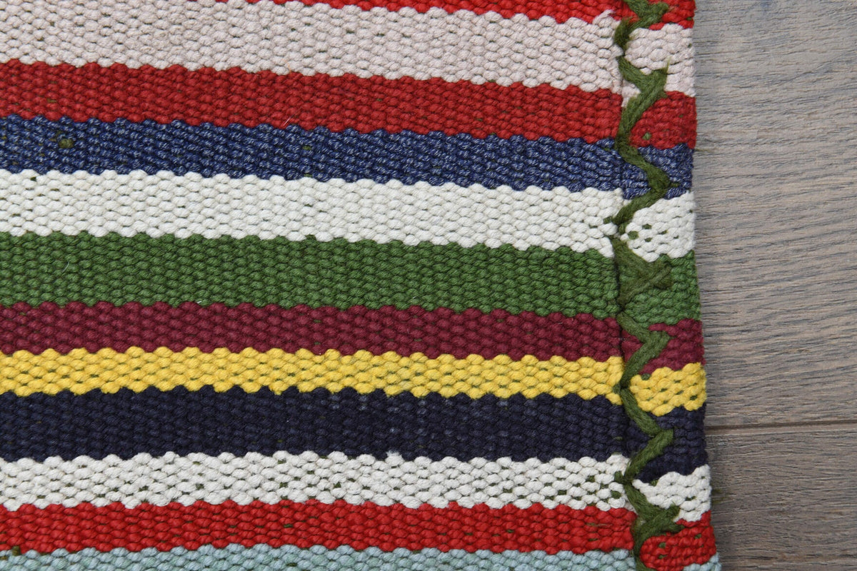 El yapımı vintage yolluk 79x551 cm çizgili desenli yün - kenar ve saçak detayı