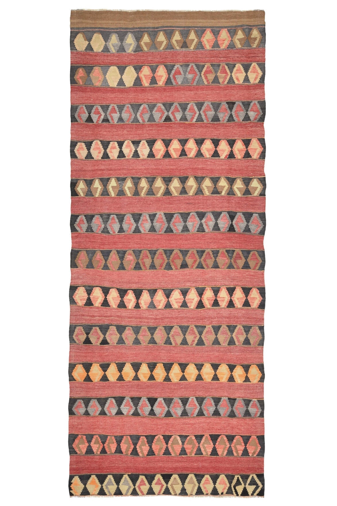El yapımı vintage yolluk 140x353 cm geometrik desenli yün
