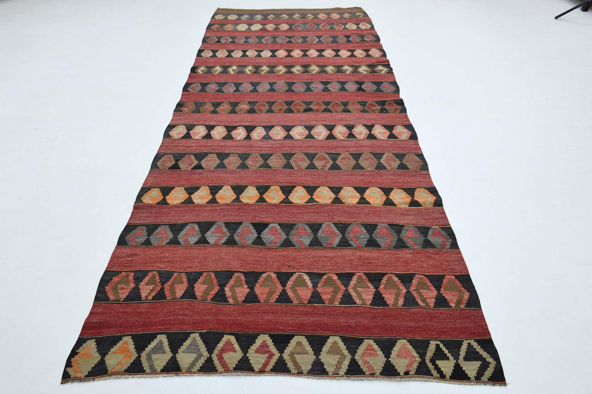 El yapımı vintage yolluk 140x353 cm geometrik desenli yün - detay görünümü