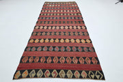 El yapımı vintage yolluk 140x353 cm geometrik desenli yün - detay görünümü