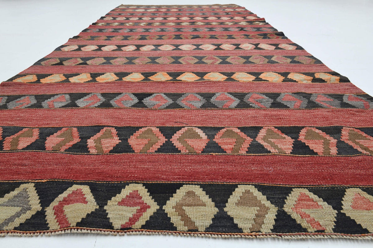 El yapımı vintage yolluk 140x353 cm geometrik desenli yün - yakın çekim doku detayı