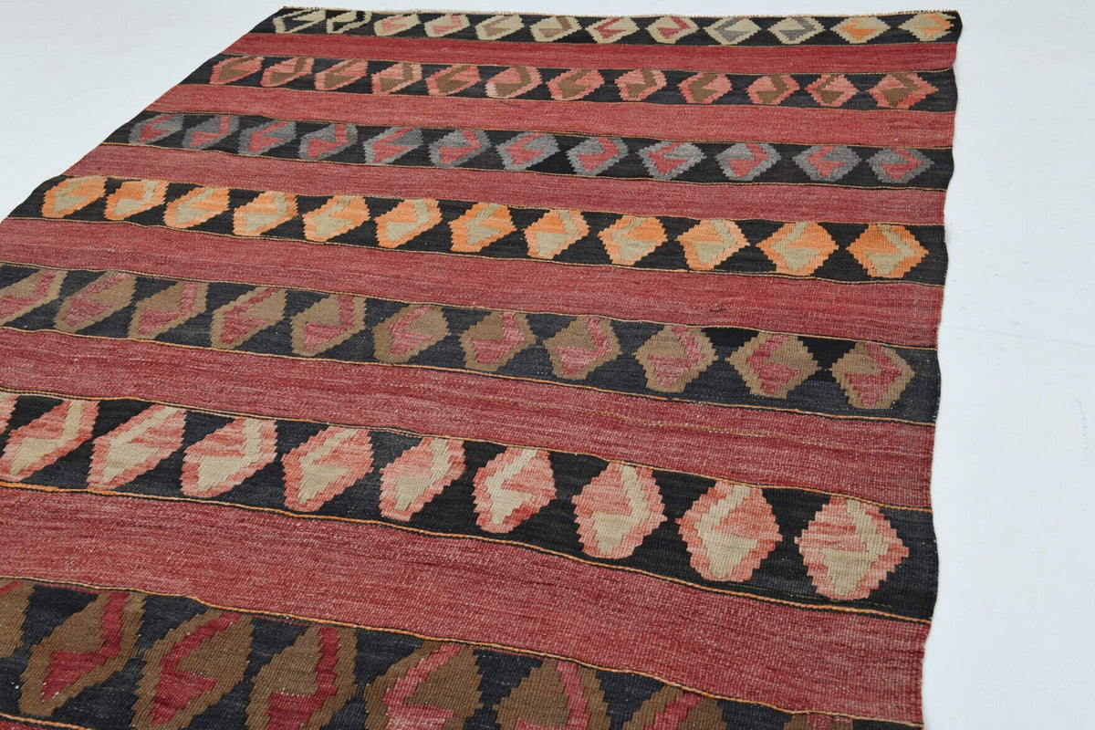 El yapımı vintage yolluk 140x353 cm geometrik desenli yün - üstten görünüm