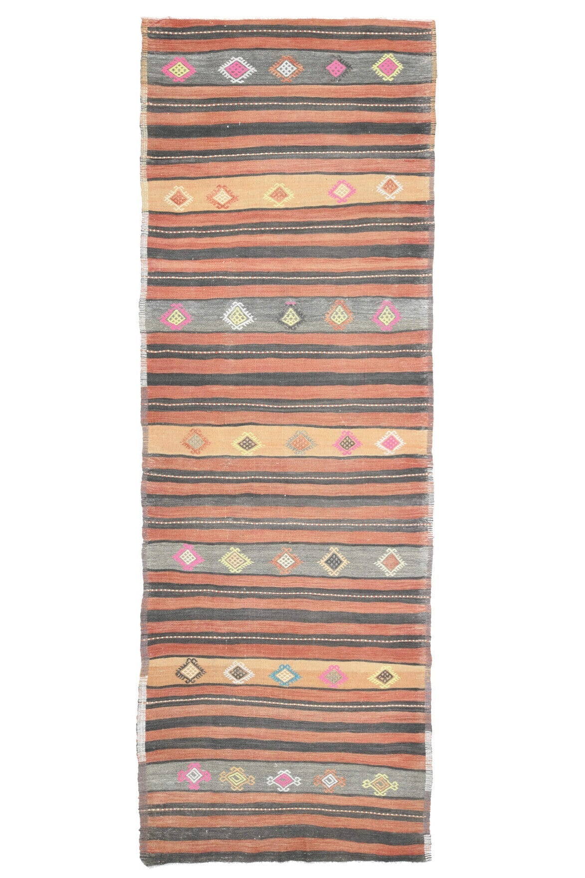 El yapımı vintage yolluk 124x376 cm çizgili desenli yün