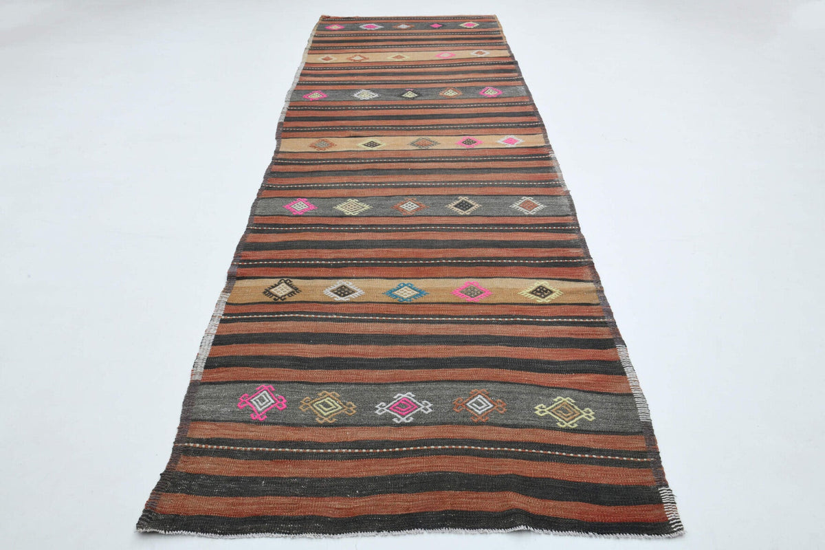El yapımı vintage yolluk 124x376 cm çizgili desenli yün - detay görünümü