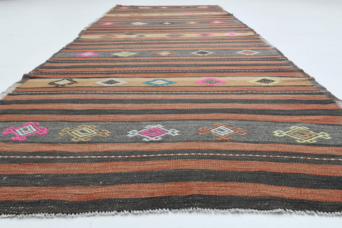 El yapımı vintage yolluk 124x376 cm çizgili desenli yün - yakın çekim doku detayı