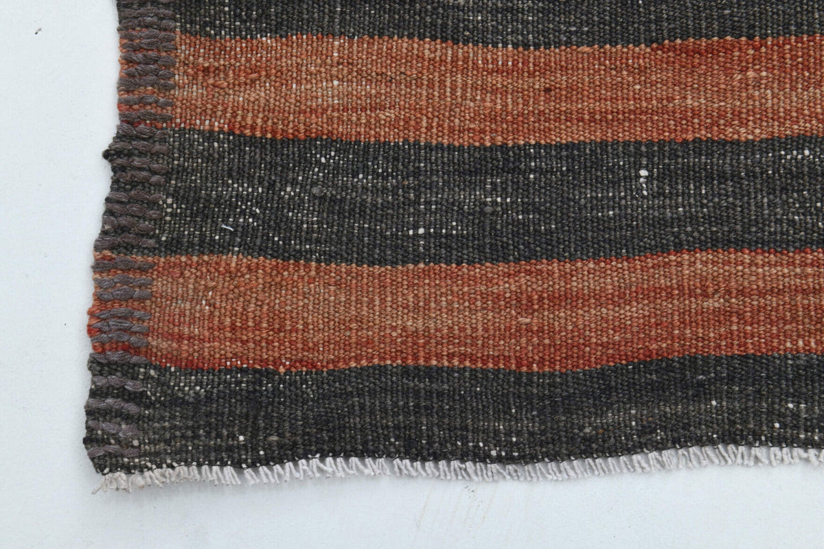 El yapımı vintage yolluk 124x376 cm çizgili desenli yün - kenar ve saçak detayı