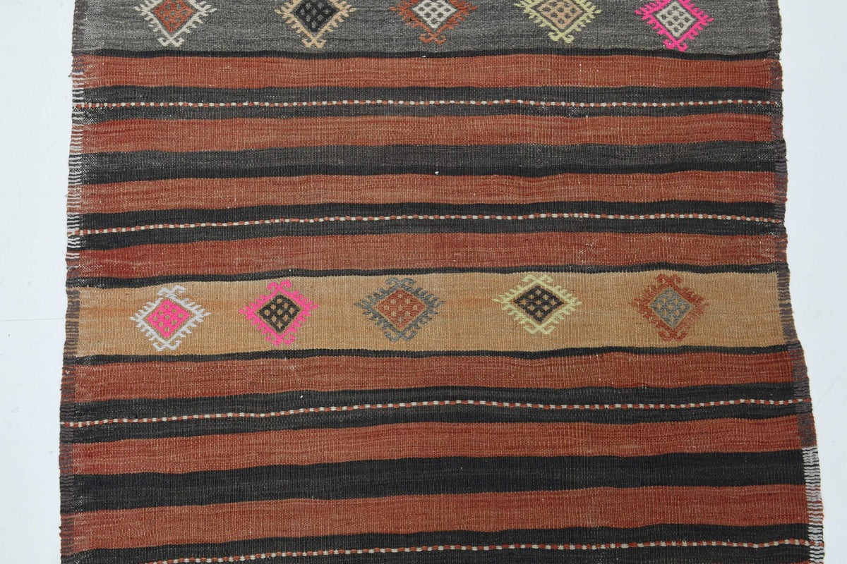 El yapımı vintage yolluk 124x376 cm çizgili desenli yün - üstten görünüm