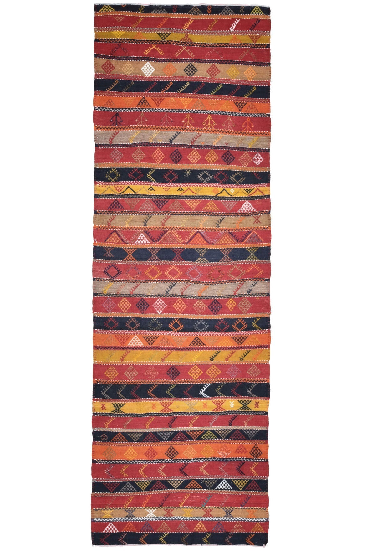 El yapımı vintage yolluk 124x381 cm çizgili desenli yün