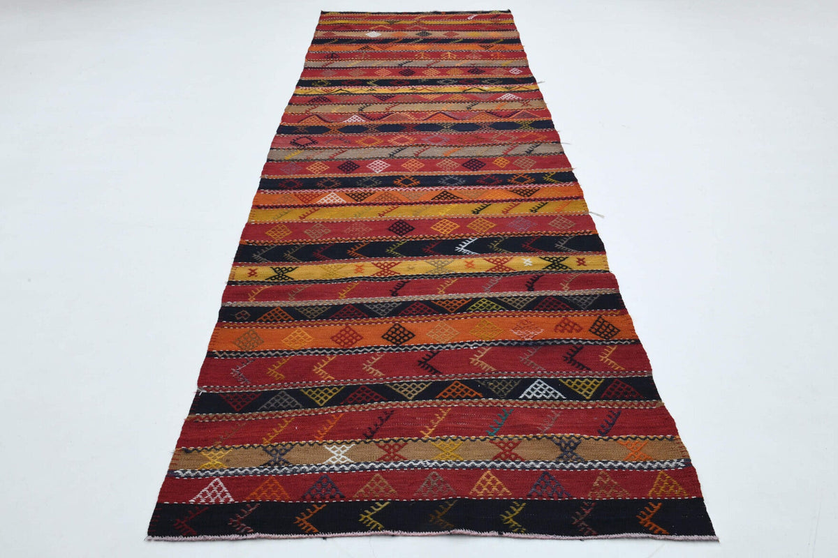 El yapımı vintage yolluk 124x381 cm çizgili desenli yün - detay görünümü