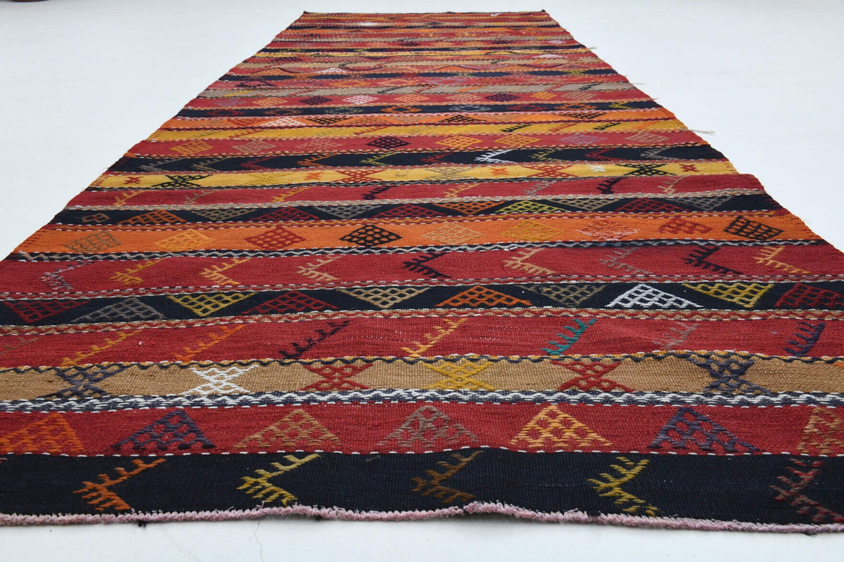 El yapımı vintage yolluk 124x381 cm çizgili desenli yün - yakın çekim doku detayı