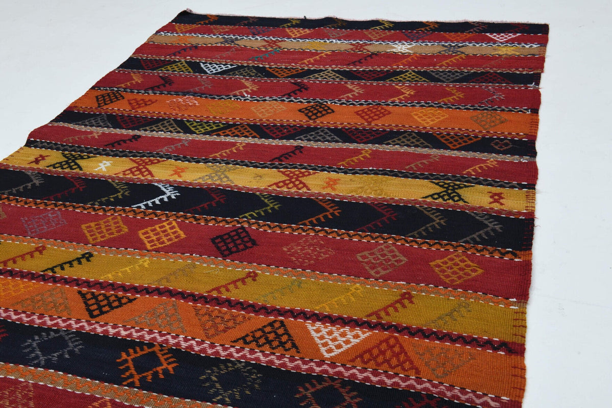 El yapımı vintage yolluk 124x381 cm çizgili desenli yün - üstten görünüm