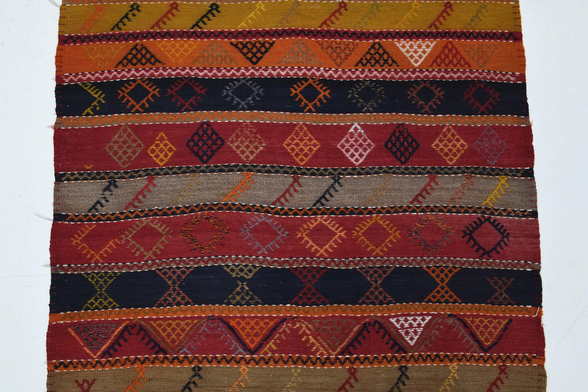 El yapımı vintage yolluk 124x381 cm çizgili desenli yün - açık alan görünümü