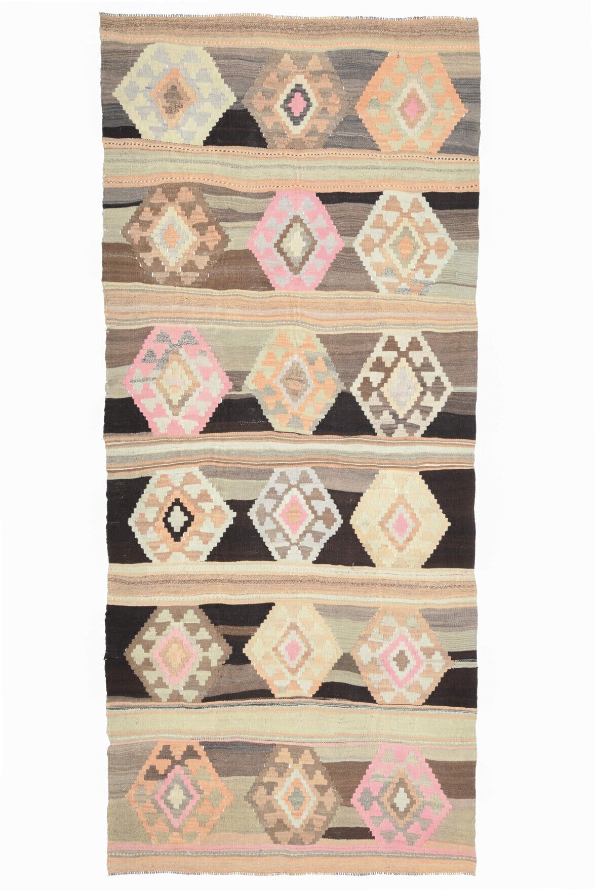 El yapımı vintage yolluk 140x323 cm geometrik desenli yün