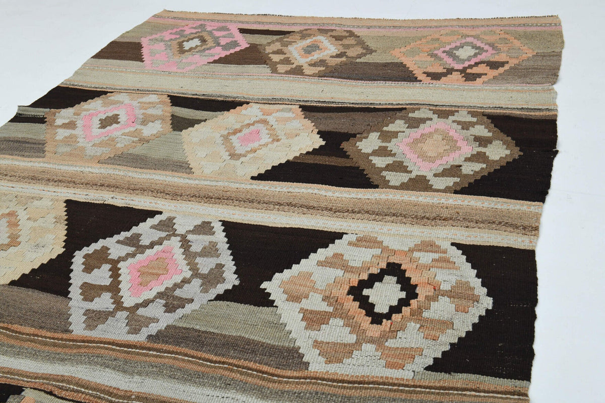 El yapımı vintage yolluk 140x323 cm geometrik desenli yün - üstten görünüm