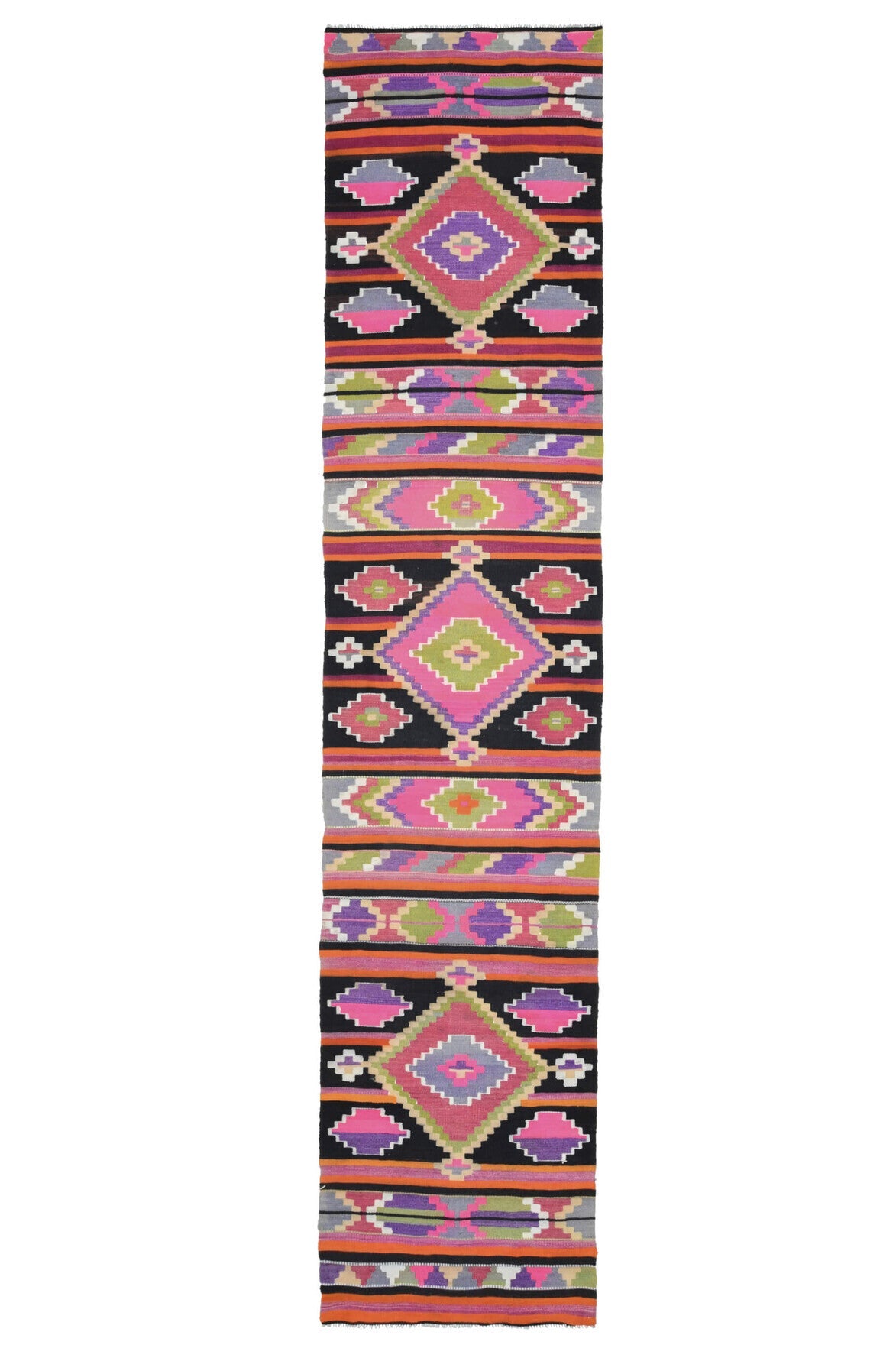 El yapımı vintage yolluk 89x376 cm geometrik desenli yün
