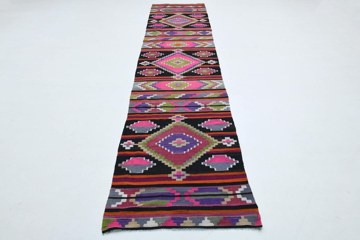 El yapımı vintage yolluk 89x376 cm geometrik desenli yün - detay görünümü