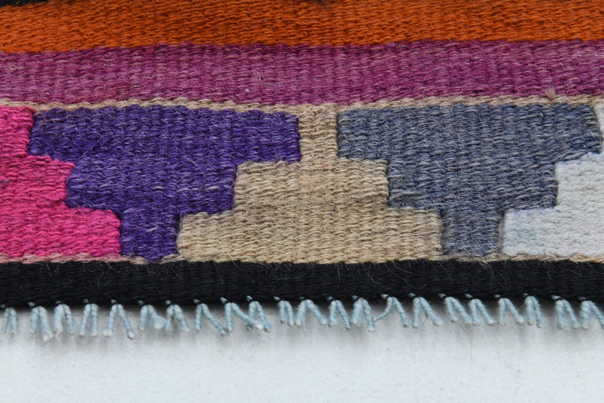 El yapımı vintage yolluk 89x376 cm geometrik desenli yün - kenar ve saçak detayı