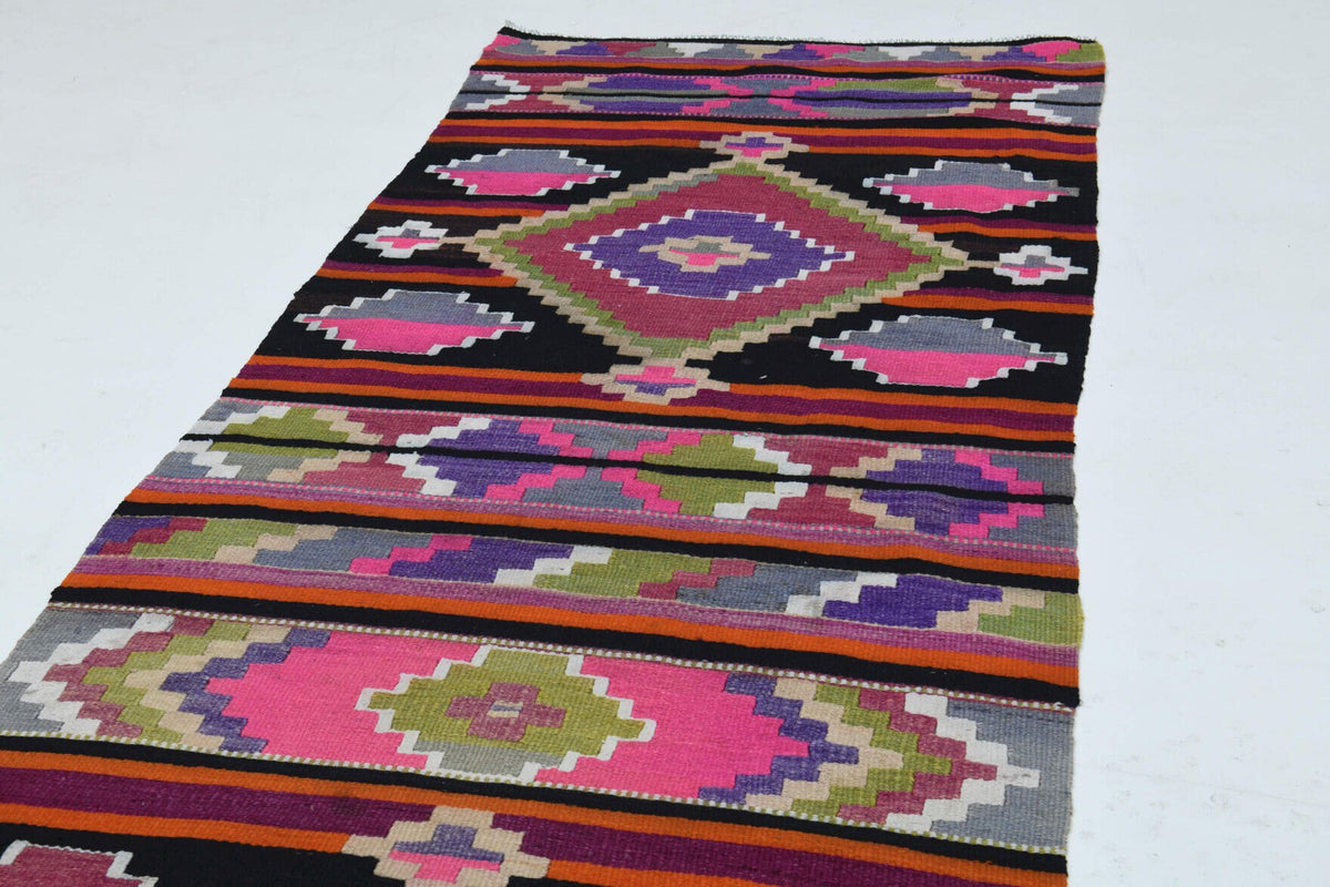 El yapımı vintage yolluk 89x376 cm geometrik desenli yün - üstten görünüm