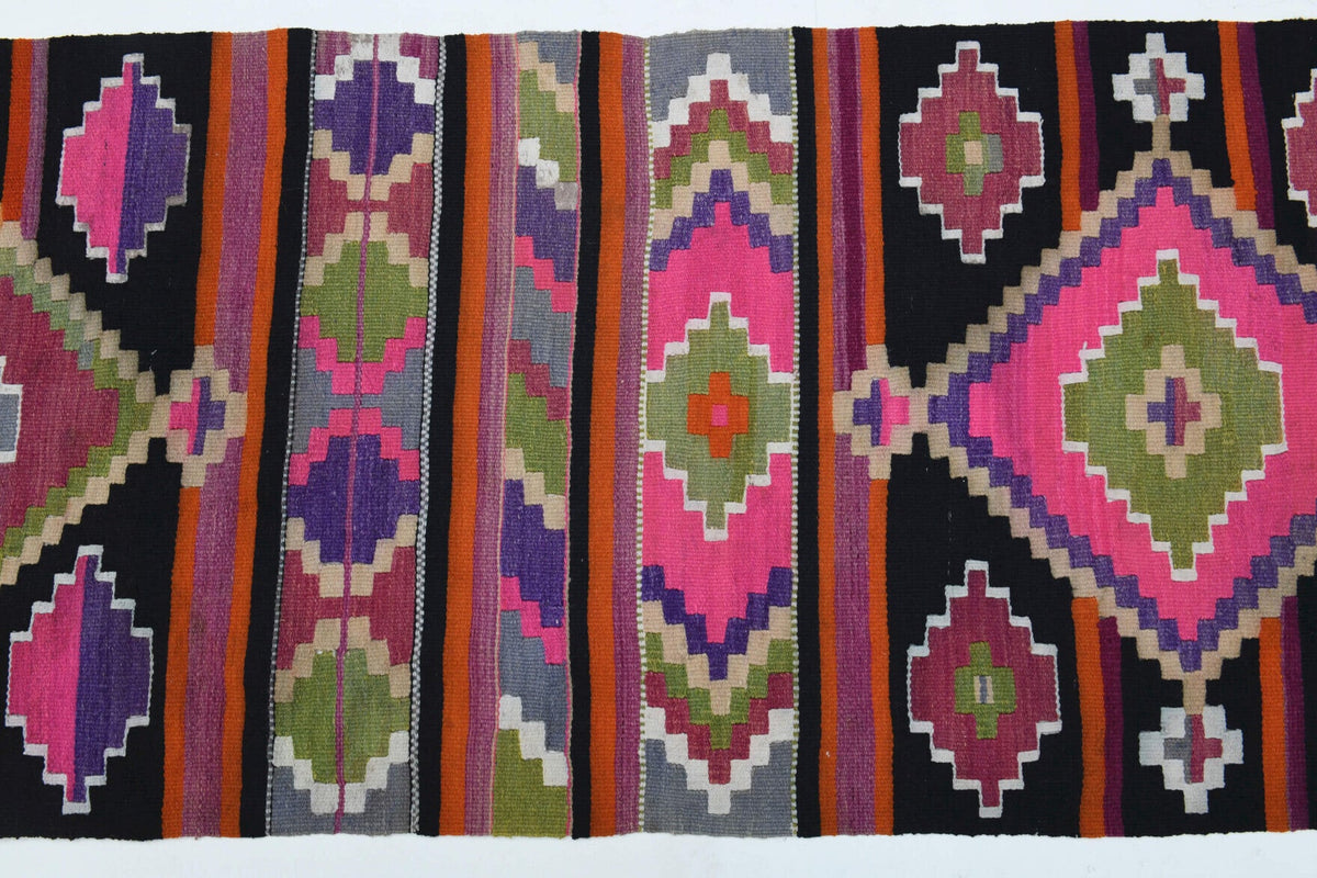El yapımı vintage yolluk 89x376 cm geometrik desenli yün - açık alan görünümü