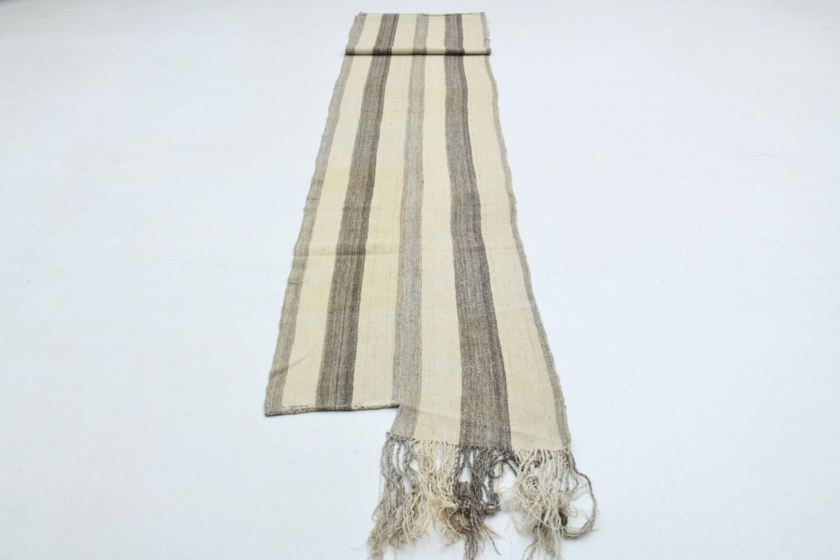El yapımı vintage yolluk 74x422 cm çizgili desenli yün - yakın çekim doku detayı