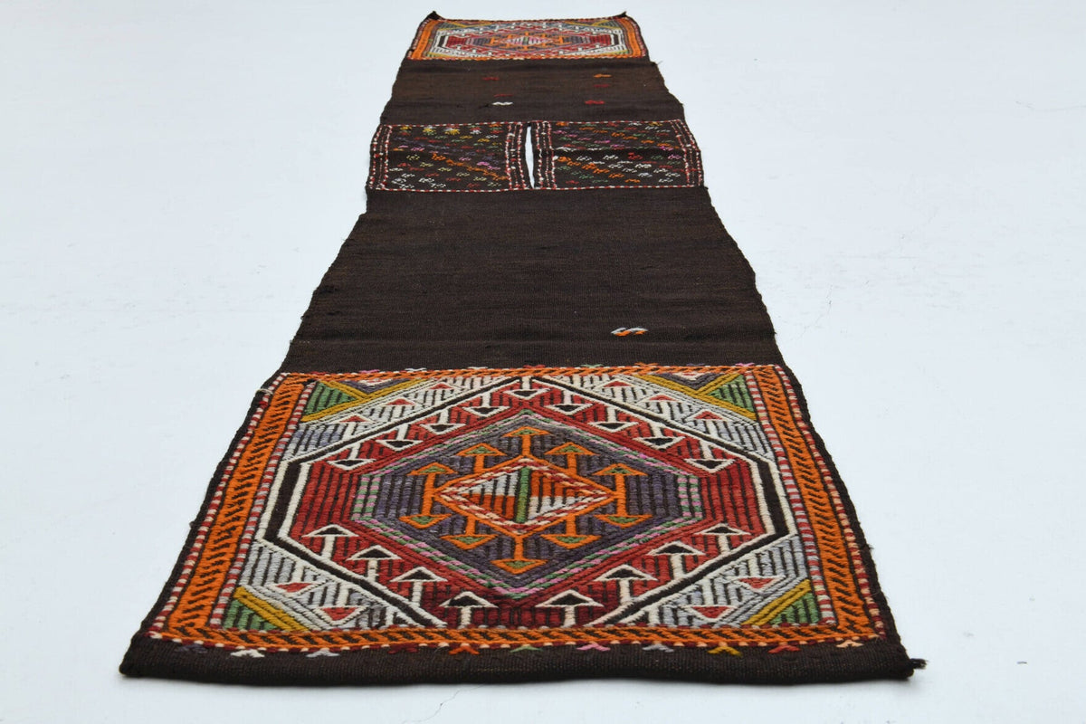 El yapımı vintage yolluk 46x229 cm tribal desenli yün - yakın çekim doku detayı